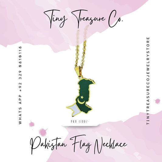 Pakistan flag necklace on a pink watercolor background with 'Tiny Treasure Co.' branding. Kids Jewelry, artificial Jewelry, Unique Jewelry, most demanding, elegant, graceful, in Pakistan Karachi, Lahore, Islamabad