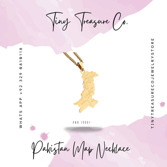 Gold necklace with a map pendant on a pink and white background, featuring 'Tiny Treasure Co.' Discover Tiny Treasure Co. – your top destination for stylish kids' jewelry in Pakistan! Shop a wide range of adorable rings, studs, hoops, anklets, bracelets, and necklaces in Karachi, Lahore, and Islamabad. Unique, high-quality, and affordable treasures for every child branding.