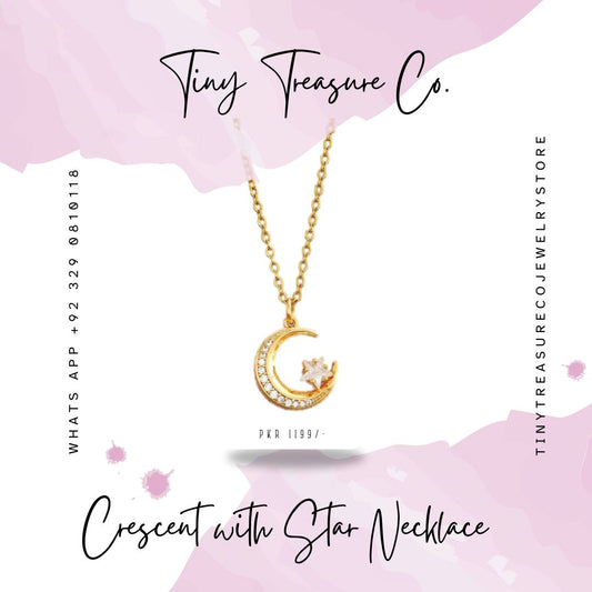 Gold crescent moon and star necklace on a pink watercolor background with 'Tiny Treasure Co.' branding. Kids, Teens, Artificial, Elegant jewelry available in Karachi, Lahore, Islamabad