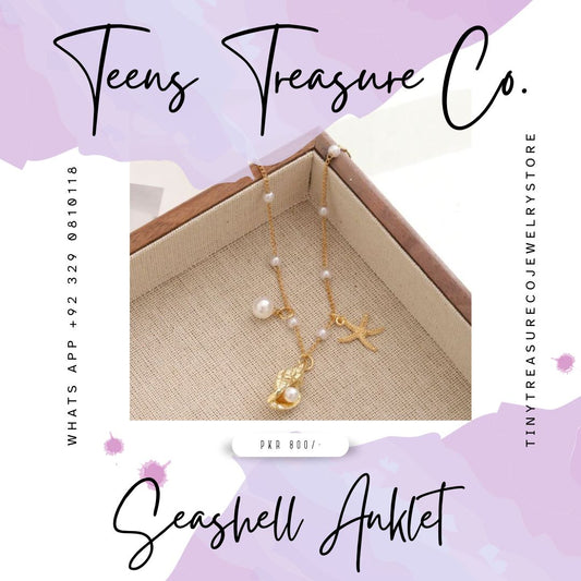 Seashell anklet in a jewelry box with 'Teens Treasure Co.' branding.