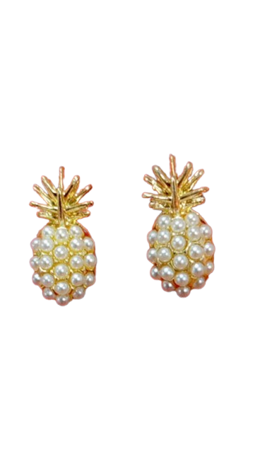 Pineapple-shaped earrings with pearl details on a white background