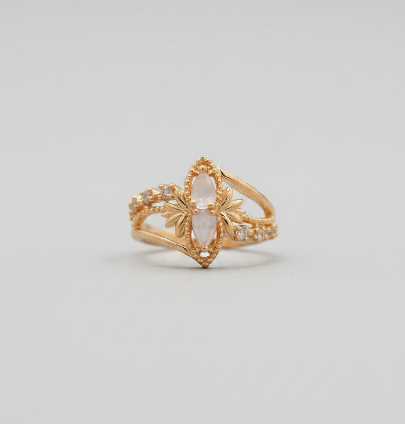Gold ring on a black surface with office chairs and a desk in the background