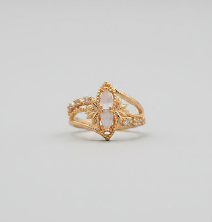 Gold ring on a black surface with office chairs and a desk in the background