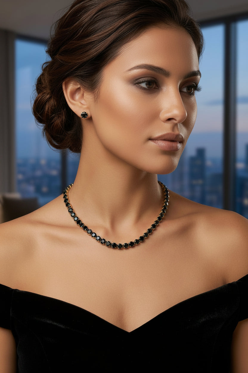 Woman wearing a diamond necklace and earrings with a cityscape background
