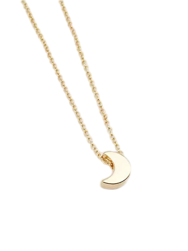 Gold necklace with a crescent moon pendant on a white background